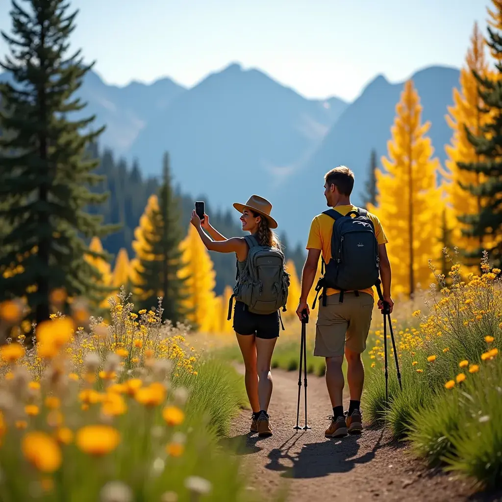 Кемпинг с палатками, окруженными живописными пейзажами и высокими деревьями