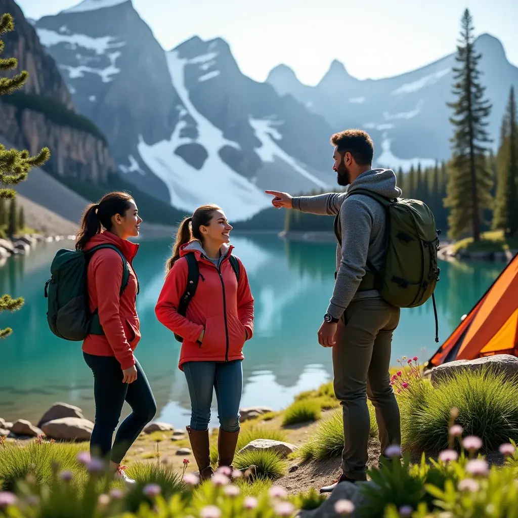 Семейная группа, собирающаяся у костра на фоне гор
