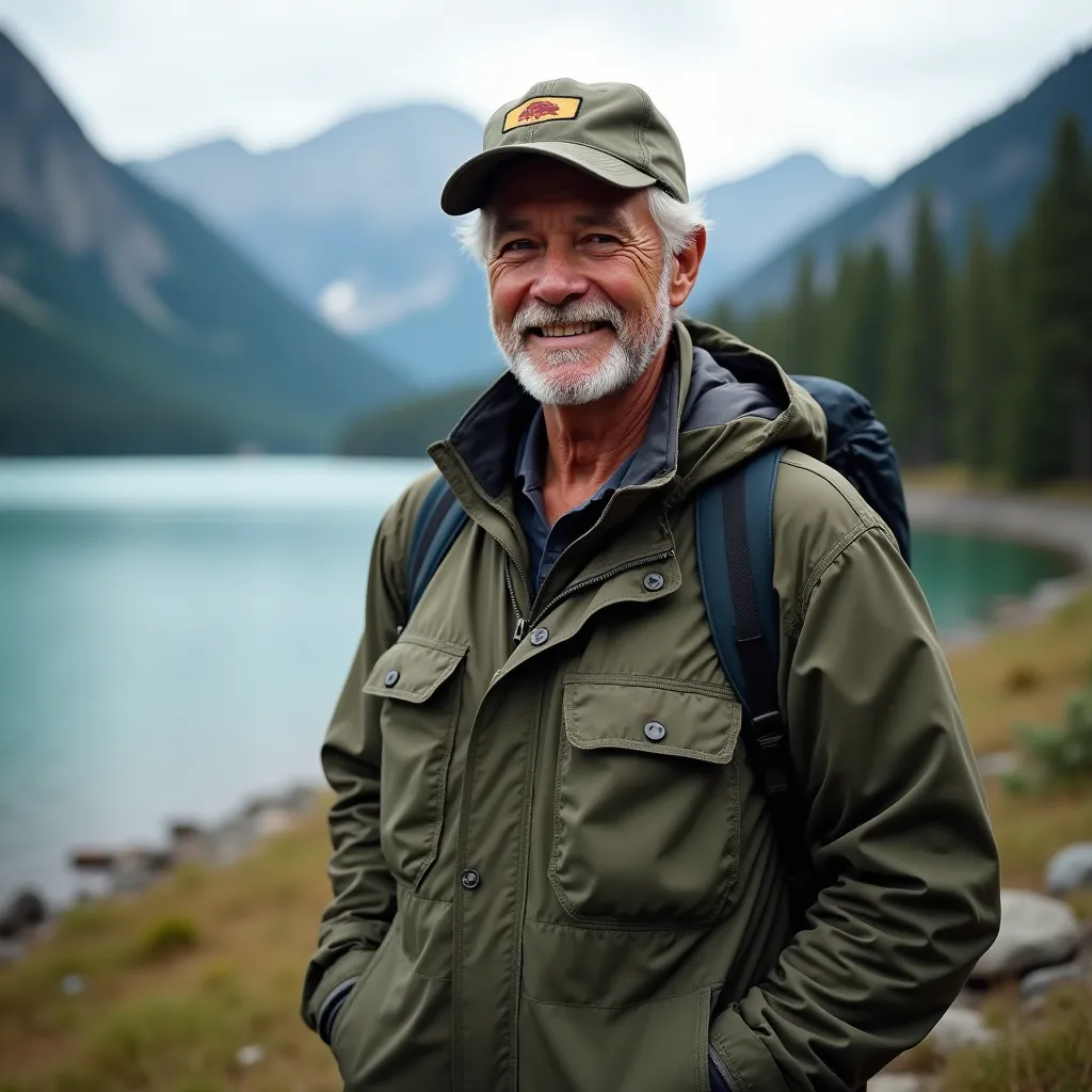 Турист, фотографирующий панораму горного массива на фоне ясного неба